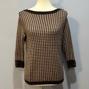 Talbots 100% Merino Wool Houndstooth Boat Neck Sweater 3/4 Sleeve, Size S Petite